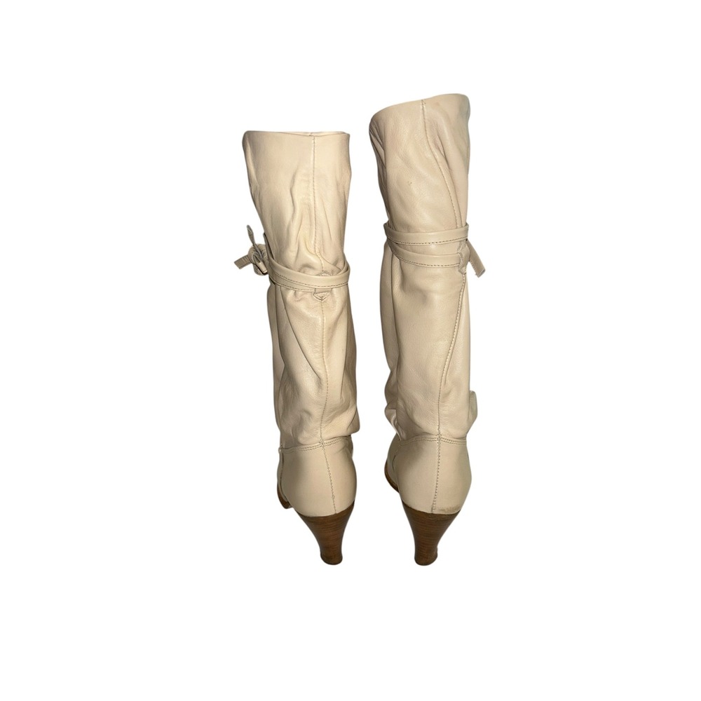 Dingo Vintage Cream Leather Slouch Boots Bow Tie Stacked Heel Pointed Toe Size 9 - Picture 5 of 12